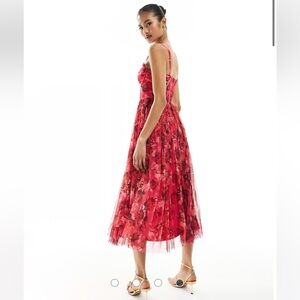 NWT: Lace & Beads corset tulle midi dress in pink and red floral